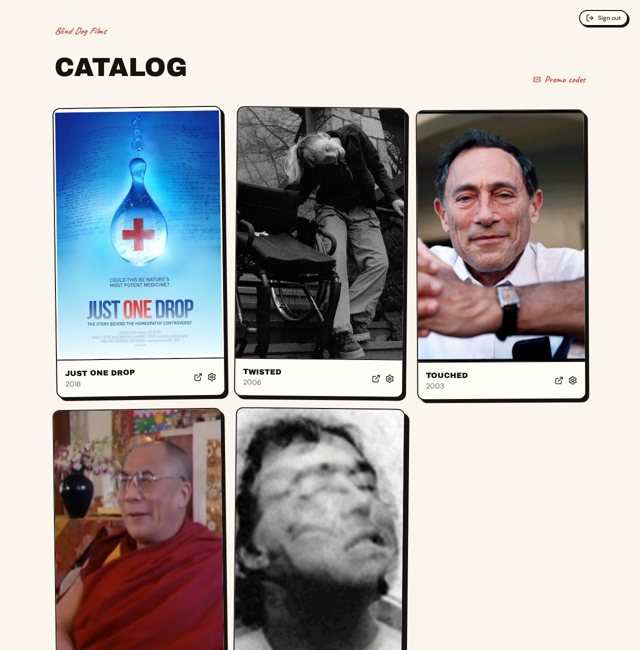 The filmmaker dashboard showing a catalog of real films