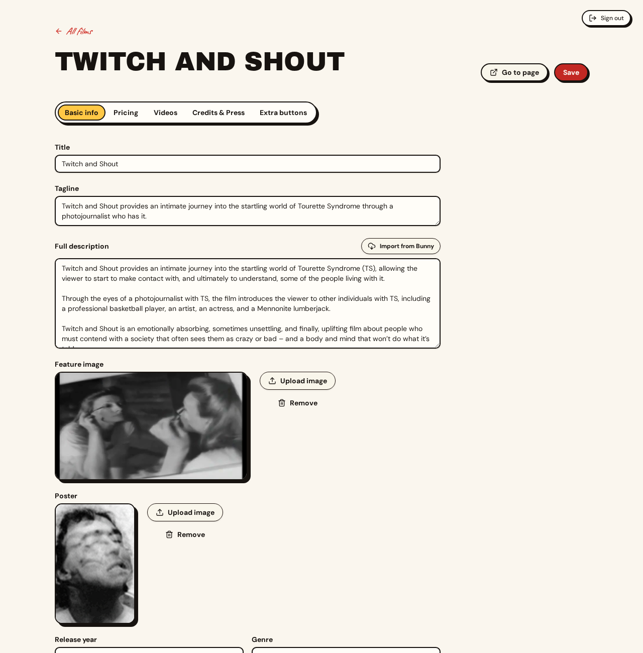 The film editor with page, pricing, video, and credits controls