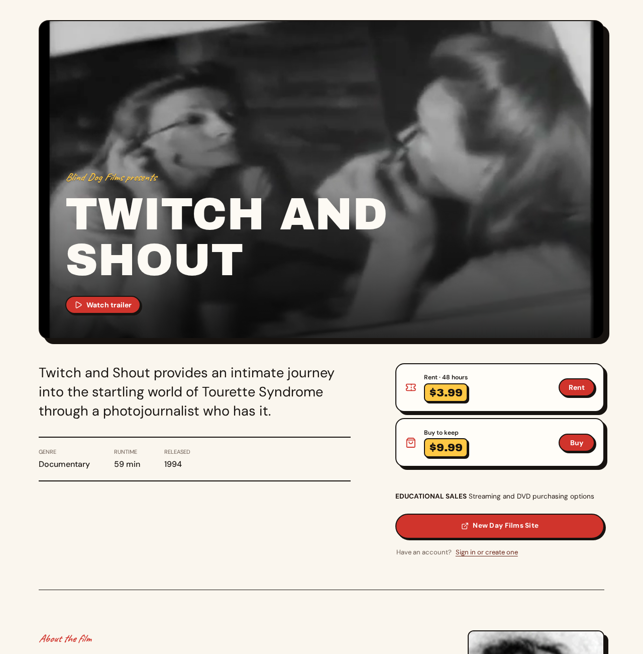 A live film page with trailer, rental, and purchase options